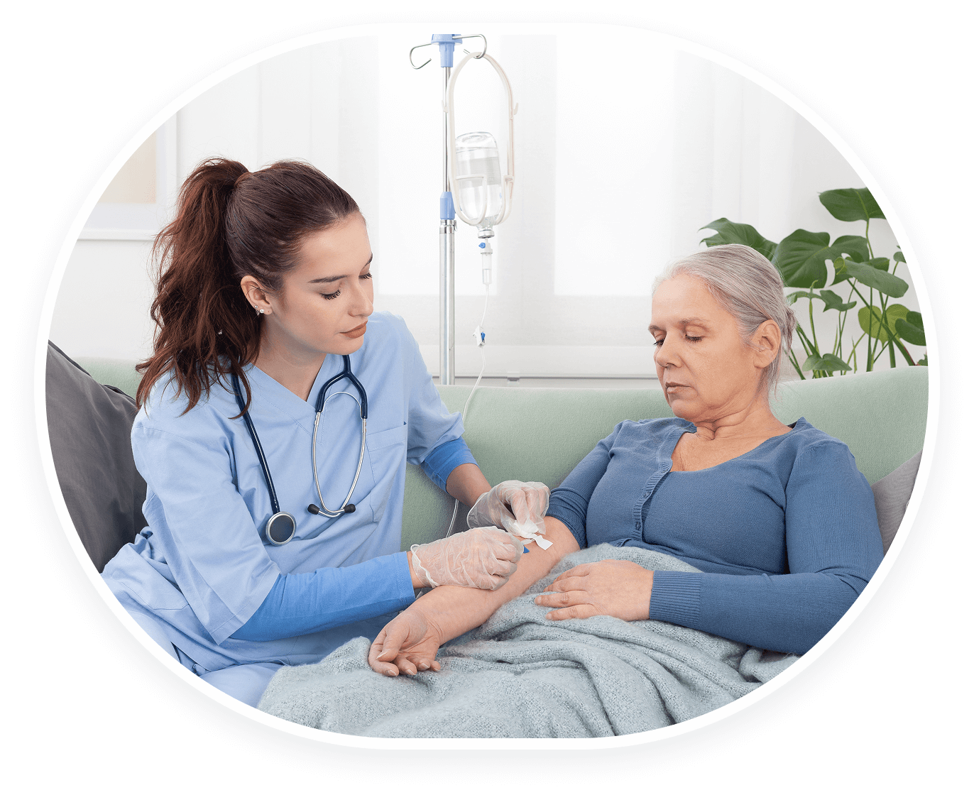 Nurse checking elderly woman's blood pressure in a hospital room.