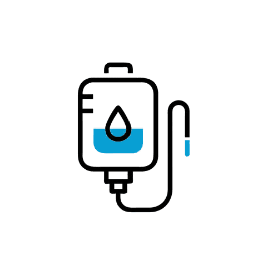 Medical IV drip bag with fluid and tubing icon.