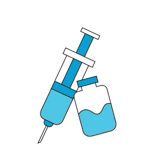 A tilted blue syringe beside a glass filled with blue liquid on a dark background.